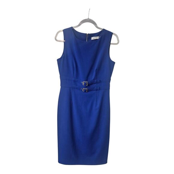Calvin Klein Dress Size 4 Sheath Blue Sleeveless Knee Length Gold Accents Zip - Picture 1 of 9